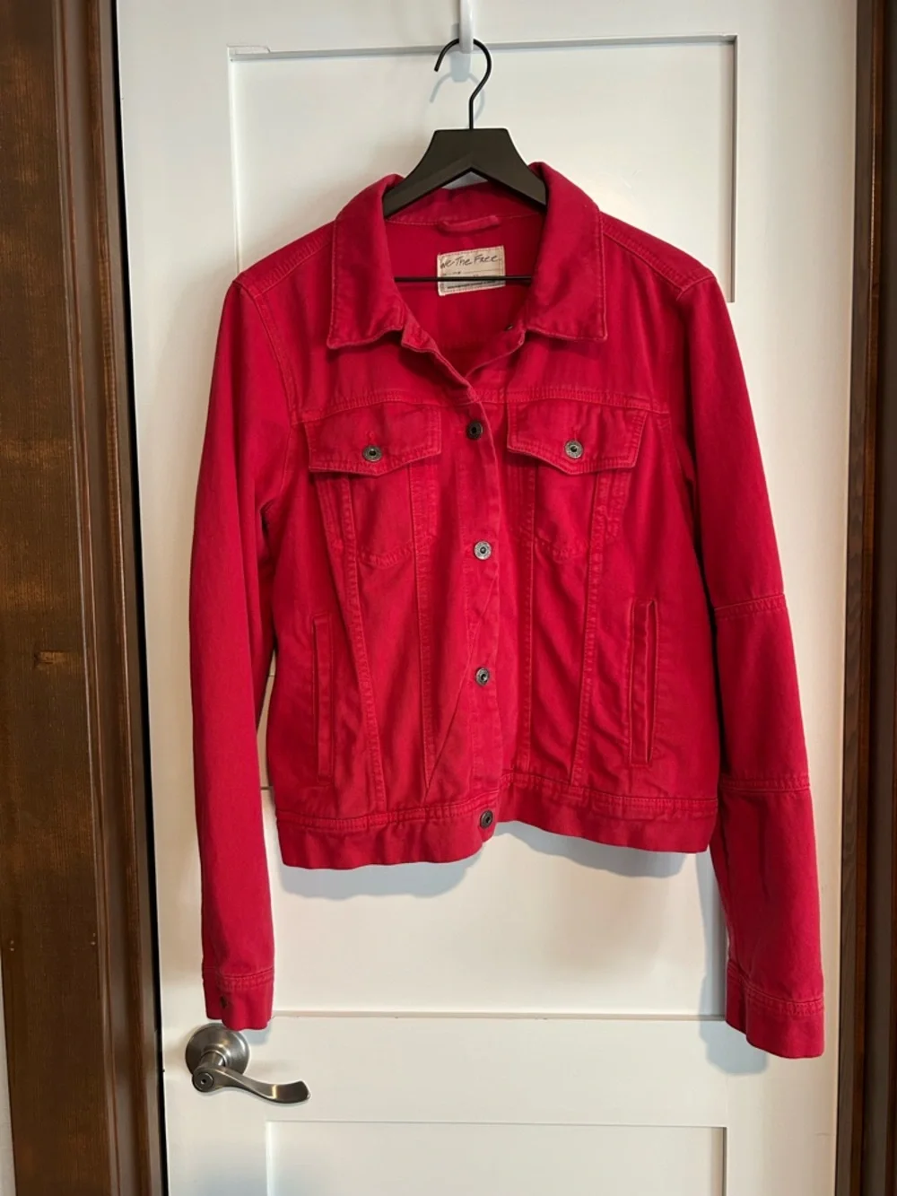 Free People / We The Free Red Denim Trucker Jacket Size XL - Picture 3 of 11